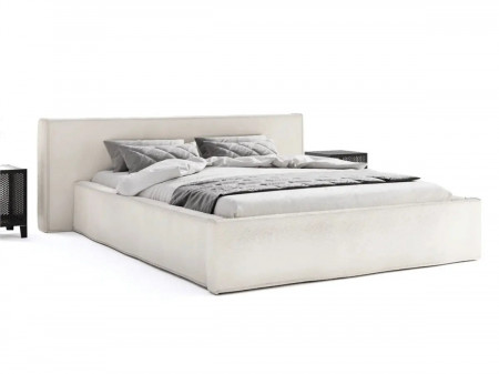 Lit coffre avec grande tête de lit - VALENTINE - Tissu boucle blanc /