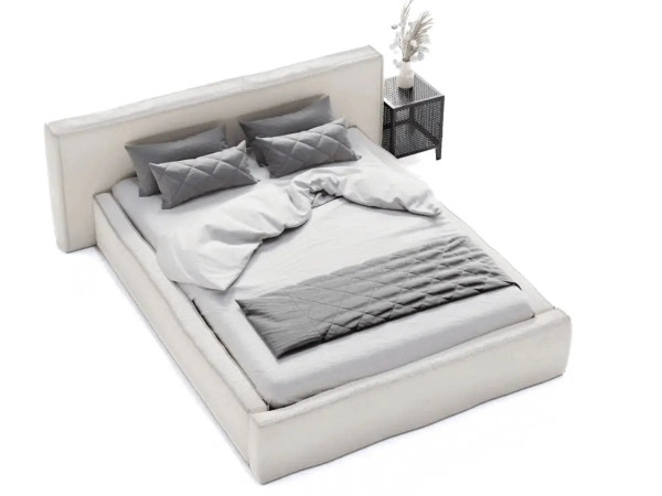 Lit coffre avec grande tête de lit - VALENTINE - Tissu boucle beige / 160x200 cm