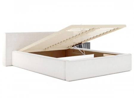 Lit coffre avec grande tête de lit - VALENTINE - Tissu boucle beige /