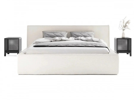 Lit coffre avec grande tête de lit - VALENTINE - Tissu boucle beige /