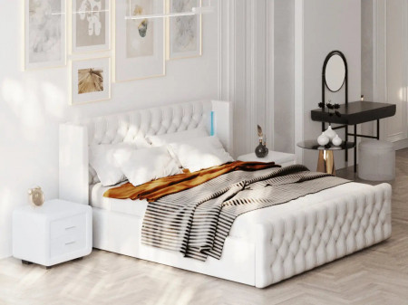 Lit coffre capitonné avec LED - AMELIE - PU Gris / 140x190 cm