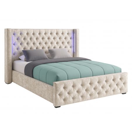 Lit coffre capitonné avec LED en velours - NOUR - Velours beige / 180x200 cm
