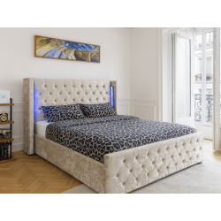 Lit coffre capitonné avec LED en velours - NOUR - Velours beige / 180