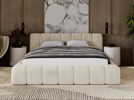 Lit coffre design matelassé - CHLOE - Velours beige / 160x200 cm