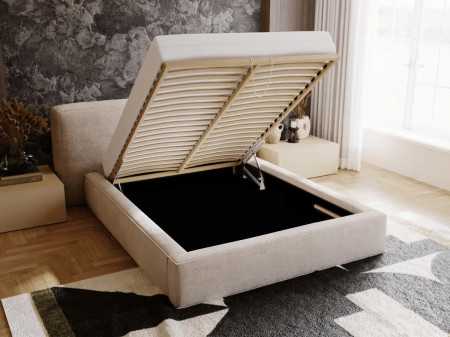 Lit coffre grande tête de lit - OPHELIE - Tissu chenille moka / 180x2