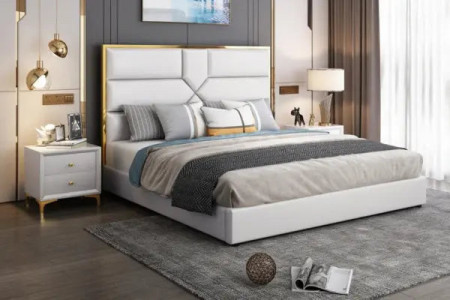 Lit design tête de lit contour effet or - IRENE - Simili cuir blanc /