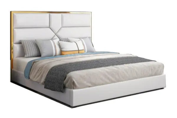 Lit design tête de lit contour effet or - IRENE - Simili cuir gris / 140x190 cm