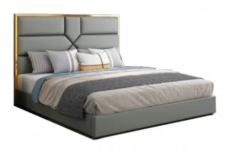 Lit design tête de lit contour effet or - IRENE - Simili cuir gris / 