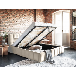 Lit coffre rembourré avec LED  - JULIETTE - Velours beige / 160x200 c