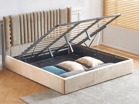 Lit coffre tête de lit effet métal Or - MANON - Velours beige / 140x