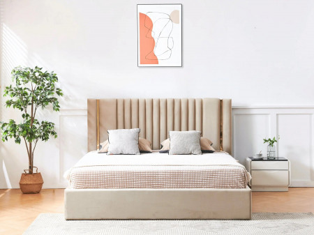 Lit coffre tête de lit effet métal Or - MANON - Velours beige / 140x