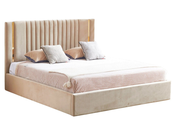 Lit coffre tête de lit effet métal Or - MANON - Velours beige / 180x200 cm