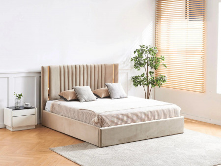 Lit coffre tête de lit effet métal Or - MANON - Velours beige / 180x