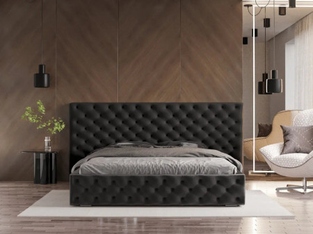 Lit coffre tête de lit XXL capitonnés - ANAIS - Velours noir / 160x2