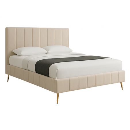 Lit double en velours beige  et pieds dorés – Clémence - 180x200 cm / Velours beige