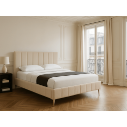 Lit double en velours beige  et pieds dorés – Clémence - 180x200 c