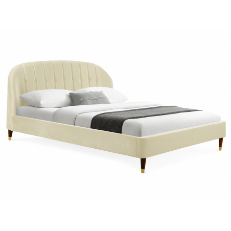 Lit en velours avec tête de lit arrondie capitonnée, sommier inclus AURORE - 140x190 cm / Velours beige