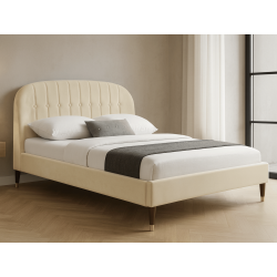 Lit en velours avec tête de lit arrondie capitonnée, sommier inclus 