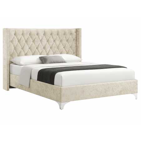 Lit Lillian en velours capitonné avec strass – Design élégant - 140x190 cm / Velours beige