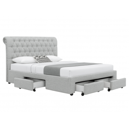 Lit Morgane capitonné avec 4 tiroirs de rangement - 140x190 cm / Tissu gris