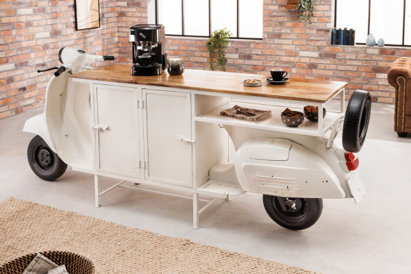 Meuble bar extravagant SCOOTER 250cm blanc rétro console scooter avec bois de manguier upcyclé - 250