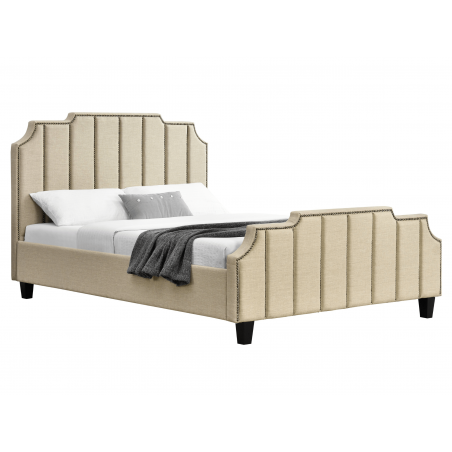 Lit design SOFIA tête de lit graphique cloutée, sommier à lattes - 160x200 cm / Tissu beige