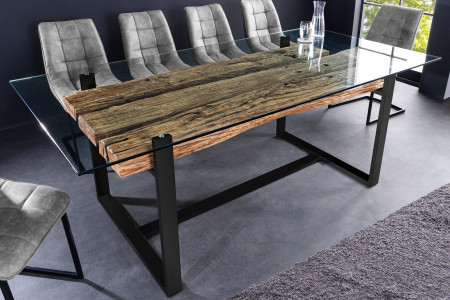 Table à manger design en verre BARRACUDA 220 cm teck naturel bois mas