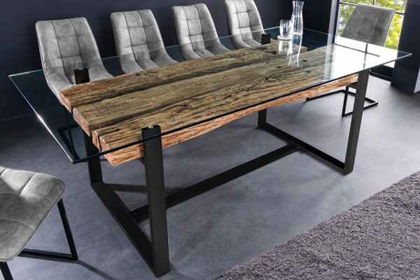 Table à manger design en verre BARRACUDA 220 cm teck naturel bois massif piètement luge noir - 220