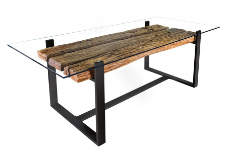 Table à manger design en verre BARRACUDA 220 cm teck naturel bois mas