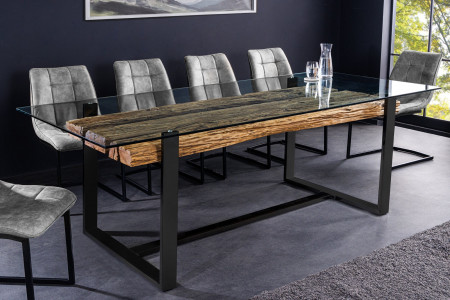 Table à manger design en verre BARRACUDA 220 cm teck naturel bois mas