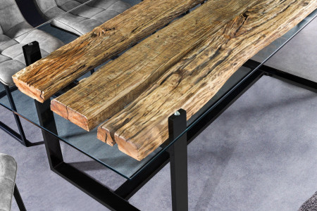 Table à manger design en verre BARRACUDA 220 cm teck naturel bois mas