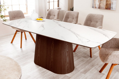 Table à manger design UNIQUE 200cm noyer blanc céramique base colonn