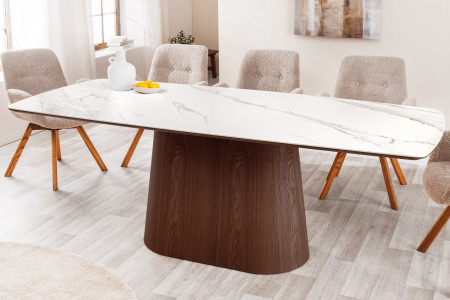 Table à manger design UNIQUE 200cm noyer blanc céramique base colonn