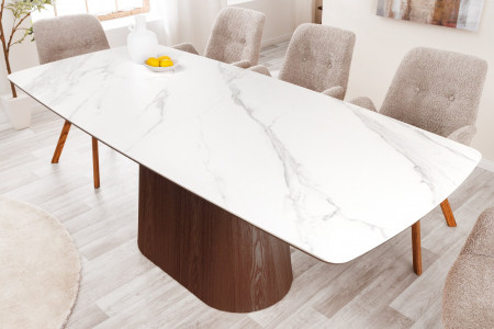 Table à manger design UNIQUE 200cm noyer blanc céramique base colonn