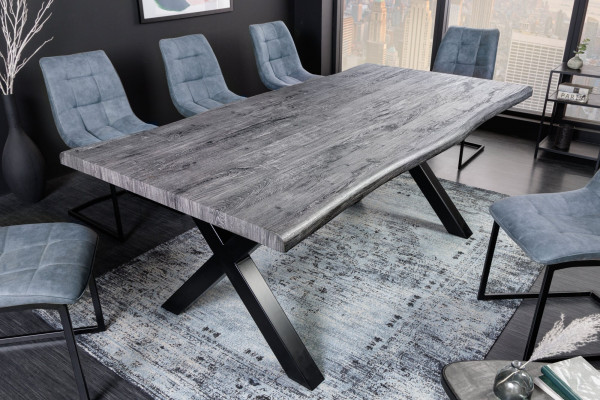 Table à manger industrielle WILD 180cm chêne sauvage gris cérusé design bord d'arbre cadre en X noir - 180