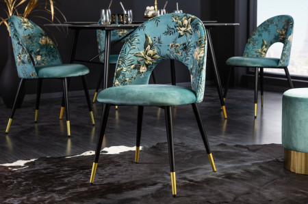 Lot de 2x chaises design PRÊT-À-PORTER en velours turquoise motif fl
