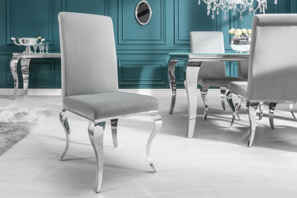 Lot de 2x chaises élégante de style baroque moderne en velours gris noble, pieds en acier inoxydable - Default Title