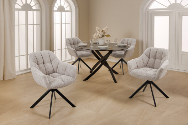 Lot de 2x chaises pivotante PAPILLON en bouclé beige avec accoudoirs, structure en métal noir - PAPILLON