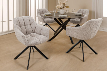 Lot de 2x chaises pivotante PAPILLON en bouclé beige avec accoudoirs,