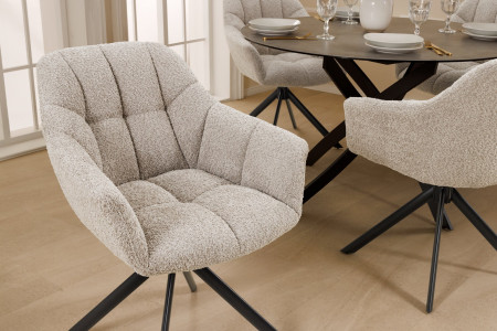 Lot de 2x chaises pivotante PAPILLON en bouclé beige avec accoudoirs,