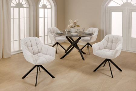 Lot de 2x chaises pivotante PAPILLON en bouclé blanc avec accoudoirs,