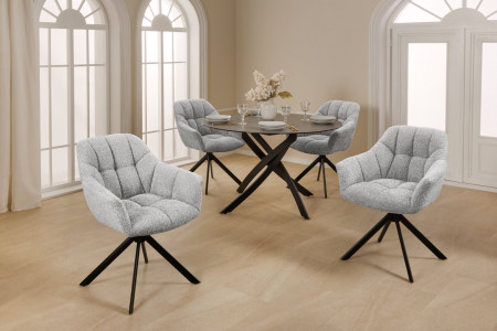 Lot de 2x chaises pivotante PAPILLON en bouclé gris avec accoudoirs, 