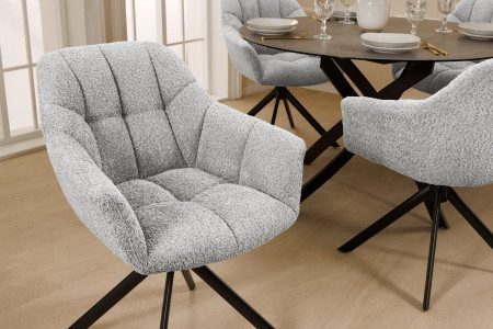 Lot de 2x chaises pivotante PAPILLON en bouclé gris avec accoudoirs, 