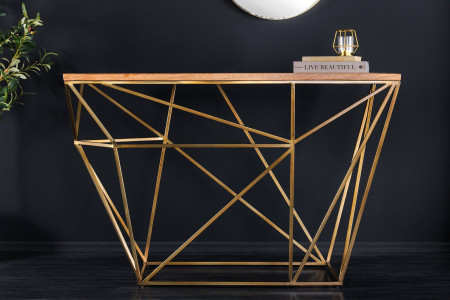 Console abstraite DIAMOND 120cm laiton naturel structure métal bois d