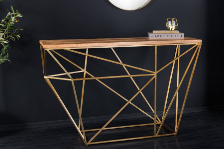 Console abstraite DIAMOND 120cm laiton naturel structure métal bois d