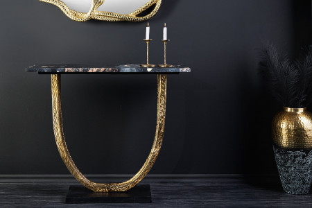 Console artisanale OMEGA 80cm marbre noir métal doré - 80