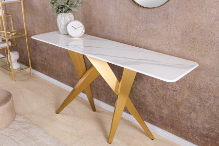 Console design ART LIVING 140cm marbre blanc céramique champagne or b