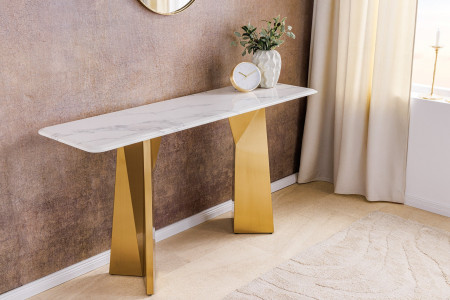Console design EXTRAVAGANCIA 140cm marbre blanc métal doré champagne