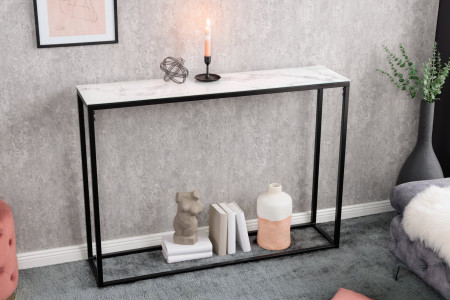 Console élégante BOUTIQUE 110cm en verre cristal blanc avec décor m