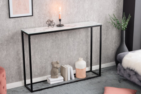Console élégante BOUTIQUE 110cm en verre cristal blanc avec décor m